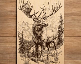 May include: A detailed wood-burned art piece featuring a majestic moose with large antlers, set against a backdrop of mountains and pine trees. The artwork is rendered in shades of brown and tan, creating a rustic and natural aesthetic. The moose is the focal point.