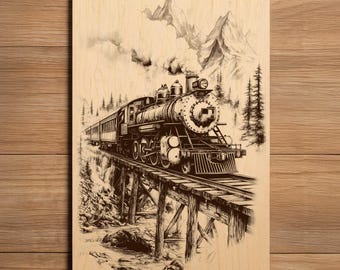 Vintage Train Laser Engraving File - Ready To Engrave PNG - Locomotive Train Scene - Old Town Railroad Scene - Digital Download