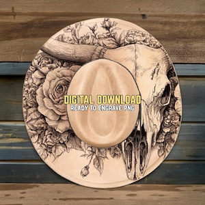 Diseño de sombrero con calavera de toro Longhorn en llamas - Listo para grabar (PNG y PDF) - Arte de rodeo campestre - Arte de toro Longhorn - Plantilla para grabar sombreros de ala ancha imagen 1