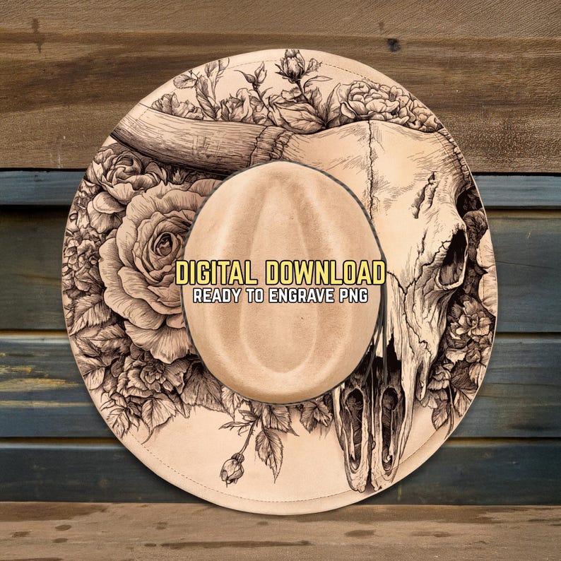 Diseño de sombrero con calavera de toro Longhorn en llamas - Listo para grabar (PNG y PDF) - Arte de rodeo campestre - Arte de toro Longhorn - Plantilla para grabar sombreros de ala ancha imagen 1