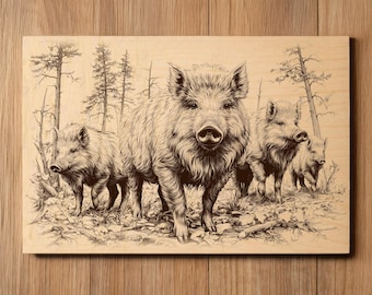 Boar Laser Engraving File - Ready To Engrave PNG - Boars In The Wild Scene - Forest Wildlife Hunting Art - Laser Burn File