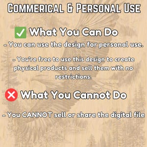 Puede incluir: Imagen que detalla los derechos de uso comercial y personal. El texto incluye "Lo que puedes hacer" con opciones para uso personal y venta de productos f&iacute;sicos. "Lo que no puedes hacer" proh&iacute;be la venta o el intercambio del archivo digital.