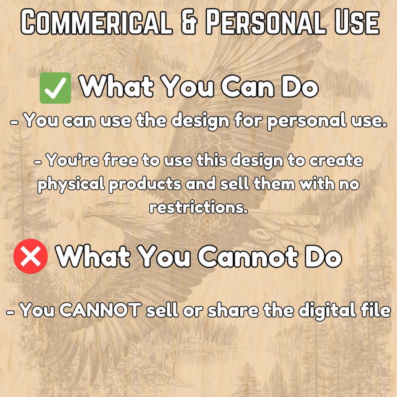 Puede incluir: Imagen que detalla los derechos de uso comercial y personal. El texto incluye "Lo que puedes hacer" con opciones para uso personal y venta de productos f&iacute;sicos. "Lo que no puedes hacer" proh&iacute;be la venta o el intercambio del archivo digital.