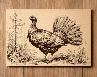 May include: A wood panel featuring a detailed illustration of a turkey. The turkey is depicted in a brown and white color scheme, standing amidst sketched foliage and a small tree. The artwork is set against a light wood background.