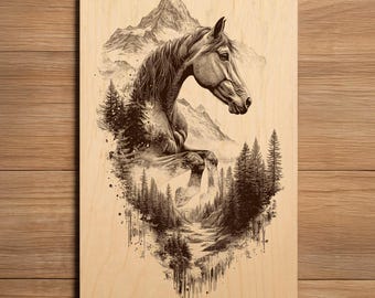 Pferde-Lasergravurdatei - Bereit zur Gravur PNG - Doppelbelichtung Pferdeszene - Western Wildtier Bergszene - Laserbrenndatei