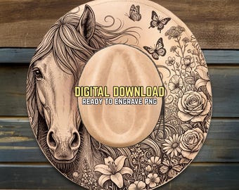Horse Butterflies Hat Burning Design - Ready To Engrave PNG - Western - Country - Wide Brim Hat Template - Laser Engraving - Hand Burning