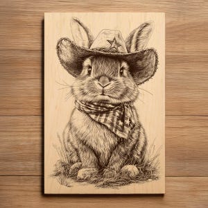 May include: A sepia-toned illustration of a rabbit wearing a cowboy hat with a star and a patterned bandana. The rabbit is sitting in grass, creating a rustic, country theme. The artwork is printed on a wooden panel.