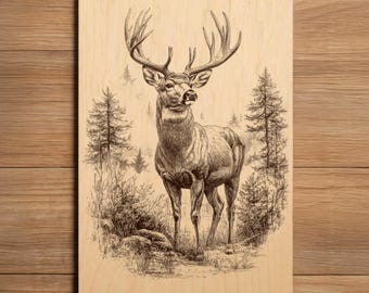 Deer Laser Engraving File - Ready To Engrave PNG - White Tail Buck Illustration  - Forest Wildlife Mountain Scene - Laser Burn File