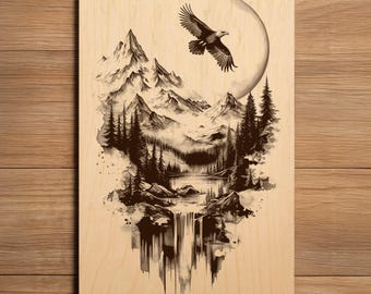 Eagle Laser Engraving File - Ready To Engrave PNG - Bald Eagle Flying In Night Sky Scene - Mountain Wildlife Art - Laser Burn File