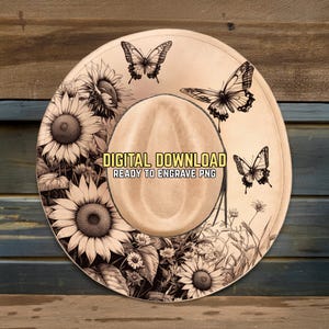 Butterflies Hat Burning Design - Ready To Engrave PNG & PDF - Sunflowers Field Scene - Wide Brim Hat Engraving Template - Digital Download