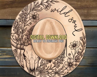 Diseño de sombrero Wild Soul Burning - PNG listo para grabar - Cráneo de búfalo campestre - Plantillas para sombreros - Plantilla de grabado de sombrero de ala ancha