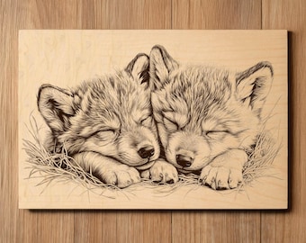 Sleeping Wolf Cubs Laser Engraving File - Ready To Engrave PNG - Wolf Puppies Art - Forest Wildlife Art - Laser Burn File