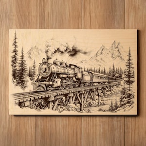 May include: A sepia-toned illustration of a vintage steam train crossing a wooden trestle bridge. The train is surrounded by pine trees and mountains. The artwork is on a rectangular wooden plaque.
