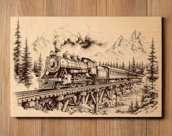 Steam Train Laser Engraving File - Ready To Engrave PNG - Locomotive Scene - Old Western Railroad Scene - Laser Burn File