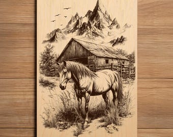 May include: A wood panel featuring a detailed monochrome illustration of a horse standing in front of a barn and mountains. The artwork has a rustic, vintage aesthetic, with a focus on the natural landscape and wildlife.