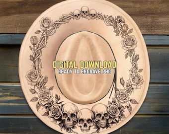 Skulls and Roses Hat Burning Design - Ready To Engrave PNG & PDF - Skeleton Gothic Art - Wide Brim Hat Engraving Template - Digital Download