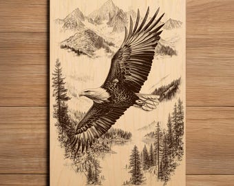Eagle Laser Engraving File - Ready To Engrave PNG - Wildlife Soaring Eagle Scene - Forest Wilderness Mountain Art - Laser Burn File
