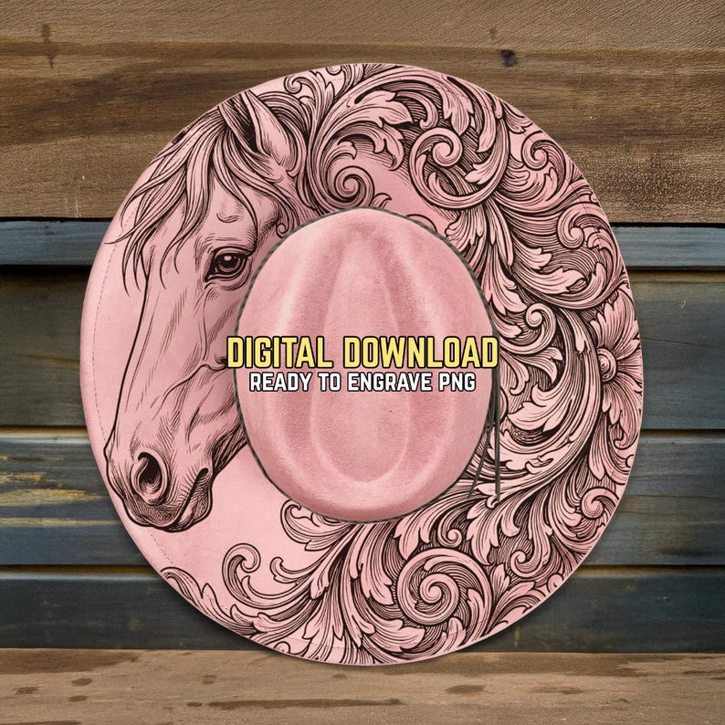 May include: A pink cowboy hat with a detailed horse head design and floral scrollwork. The hat features the text "DIGITAL DOWNLOAD READY TO ENGRAVE PNG". The hat is a digital product.
