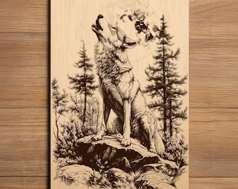 Wolf Laser Engraving File - Ready To Engrave PNG - Wolf Howling Under Moon - Forest Wildlife Art - Laser Burn File - Digital Download