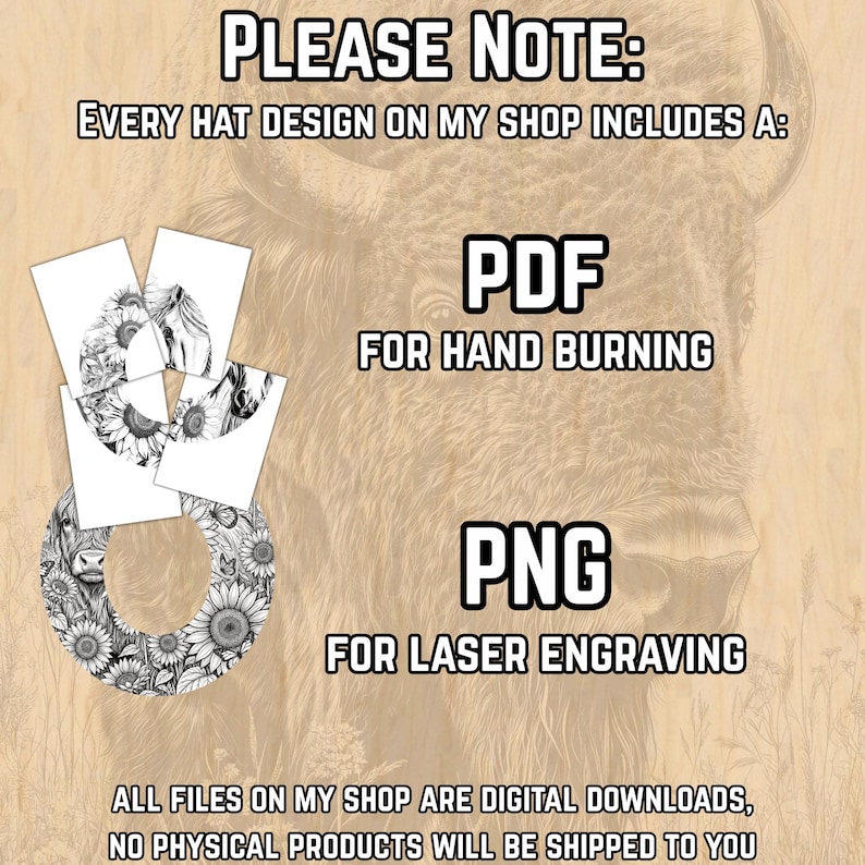 Sunflowers Hat Burning Design - Ready To Engrave PNG - Flower Hat Stencils - Wide Brim Hat Engraving Template - Pyrography Patterns image 4