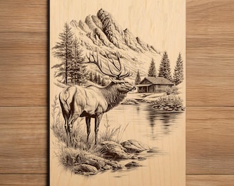 Elk Laser Engraving File - Ready To Engrave PNG - Elk By Cabin Scene - Mountain Wilderness Art - Wildlife Art - Laser Burn File