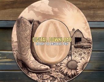 Cowgirl Boots Hat Burning Design - Ready To Engrave PNG & PDF - Barn Sunrise Scene - Wide Brim Hat Engraving Template - Digital Download