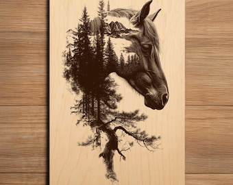 Pferde-Lasergravurdatei - bereit zum Gravieren PNG - Western-Doppelbelichtungskunst - Forest Wildtier Cowboy Design - Laserbrenndatei