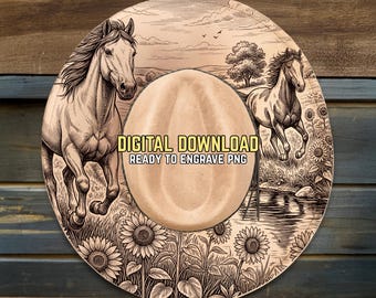 Horse Hat Burning Design - Ready To Engrave PNG & PDF - Running Horses Scene - Sunflower Field Art - Wide Brim Hat Engraving Template