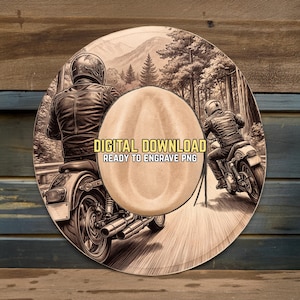 May include: Circular digital download design featuring two motorcyclists riding on a road through a forest. The design is in sepia tones with the text "DIGITAL DOWNLOAD READY TO ENGRAVE PNG" in the center.