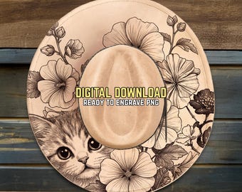 Cat Hat Burning Design - Ready To Engrave PNG & PDF - Wildflowers Scene - Butterfly Art - Wide Brim Hat Engraving Template