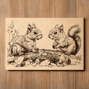 May include: Wooden plaque featuring a detailed illustration of two squirrels. One squirrel holds a nut, while the other sits nearby. The artwork is in shades of brown and beige, with leaves and berries around the squirrels.