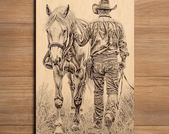 Cowboy Laser Engraving File - Ready To Engrave PNG - Cowboy With Horse Scene - Western Wilderness Art - Country Art - Laser Burn File
