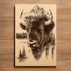 May include: A wood panel featuring a detailed illustration of a bison's head, with a mountain and forest scene integrated into the design. The artwork is in shades of brown and tan, creating a rustic, nature-inspired aesthetic.