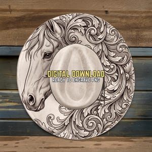 May include: A digitally designed cowboy hat with a detailed horse head and floral scrollwork. The hat is cream-colored with a light gray brim. Text on the hat reads "DIGITAL DOWNLOAD READY TO ENGRAVE PNG".