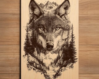 Wolf Laser Engraving File - Ready To Engrave PNG & SVG - Double Exposure Wolf Art - Nature Wildlife Art - Laser Burn File - Digital Download
