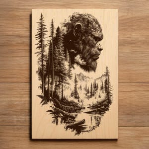 May include: A wooden panel featuring a detailed illustration of a Bigfoot profile integrated with a forest scene. The artwork is in shades of brown and depicts tall trees, a river, and mountains, creating a nature-themed design.