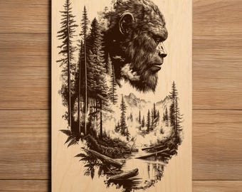 Bigfoot Laser Engraving File - Ready To Engrave PNG - Double Exposure Art - Sasquatch Scene - Forest Cryptid Art - Laser Burn File