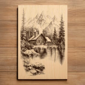 Rustic Cabin Laser Engraving File - Ready To Engrave PNG & SVG - Wooden Cabin Lake Scene - Woodlands Nature Scene - Laser Burn File