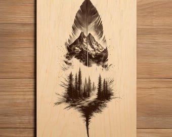 Peut inclure: Tableau mural en bois représentant une plume stylisée. La plume contient un paysage de montagne et une forêt, le tout dans des tons bruns et noirs. L'œuvre est montée sur une planche de bois clair, créant une esthétique rustique.