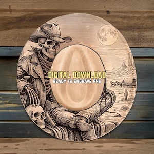 Puede incluir: Un diseño de descarga digital circular que presenta un esqueleto de vaquero con sombrero, pistola y calavera. El fondo representa una escena desértica con luna llena y una carreta cubierta. Se incluye el texto "DIGITAL DOWNLOAD READY TO ENGRAVE PNG".