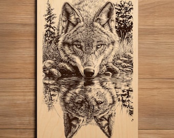 Wolf Laser Engraving File - Ready To Engrave PNG - Wolf River Reflection Scene - Forest Wildlife Animal Art - Laser Burn File