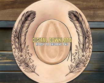 Boho Feathers Hat Burning Design - Ready To Engrave PNG - Hat Stencils - Wide Brim Hat Laser Template - Laser Engraving - Hand Burning