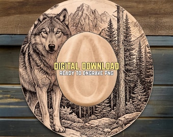 Brandend ontwerp wolfshoed - klaar om png-bestand te graveren - bosdieren in het wild - hoedbestand brede rand - lasergravure - handbranden - pyrografiepatronen