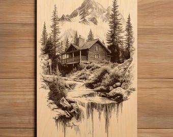 May include: A wood-burned art piece depicting a cabin nestled in a forest with a waterfall and mountain backdrop. The artwork is in shades of brown and black, with detailed lines creating a rustic scene. The piece is mounted on a light-colored wooden board.