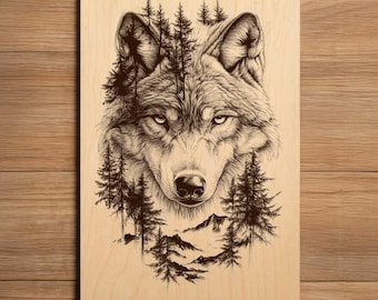 Wolf Laser Engraving File - Ready To Engrave PNG - Double Exposure Wolf Art - Forest Wildlife Mountain Scene - Laser Burn File