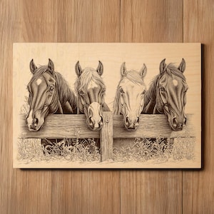 May include: A wooden sign with a detailed illustration of four horse heads looking over a wooden fence. The horses are depicted in shades of brown and tan, with a focus on their facial features. The artwork is set against a light wood grain background.