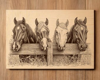 Farm Horses' Laser Engraving File - Ready To Engrave PNG - Farm Life Art - Horses By Fence Scene - Laser Burn File