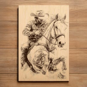 May include: A detailed wood-burned artwork depicts a cowboy on horseback. The cowboy wears a hat and western attire, riding a rearing horse. The artwork is rendered in shades of brown and tan, showcasing intricate details of the horse and rider.