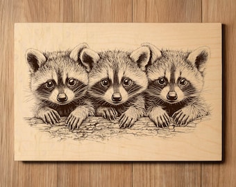 Arquivo de gravação a laser para filhotes de guaxinim - Pronto para gravar PNG - Cena de gangue de panda-lixo - Arte da vida selvagem - Arquivo de gravação a laser