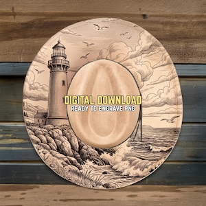May include: A round, light brown hat with a detailed engraving of a lighthouse on a rocky coast, seagulls, and ocean waves. The hat has the text "DIGITAL DOWNLOAD READY TO ENGRAVE PNG".